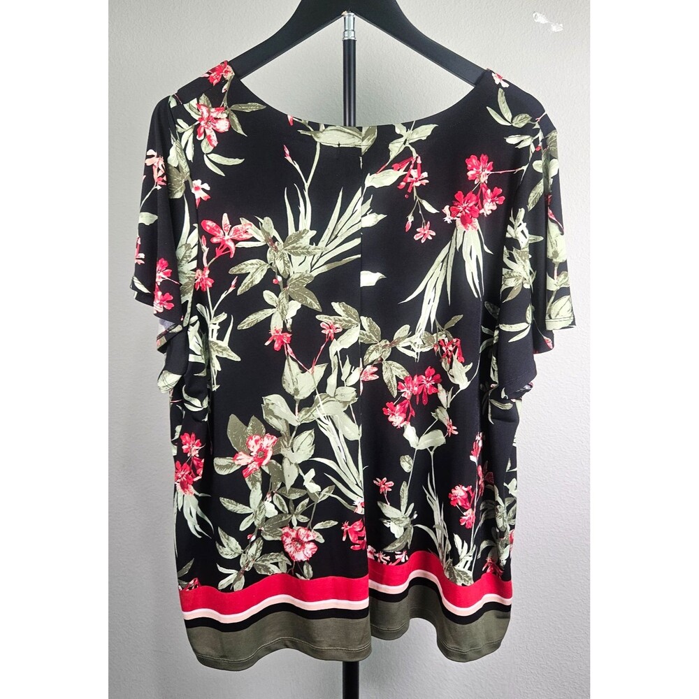 Liz Claiborne Career Woman 1X Floral Top Plus Size Black Red Stretch Blouse - Picture 3 of 6